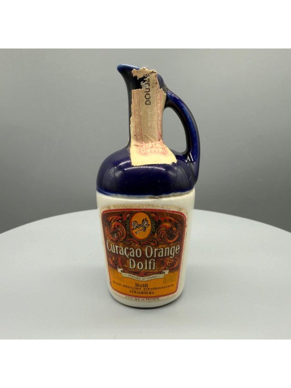 Vintage Dolfi Curacao Orange Ceramic Jug Mini Bottle Strasbourg France Empty